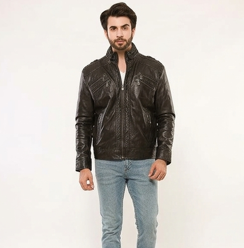 Men’s Cross Zipper Biker Jacket Black Genuine Sheep Leather