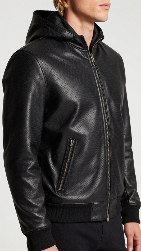 Men’s Hooded Leather Bomber Jacket Perforated Lambskin Fit
