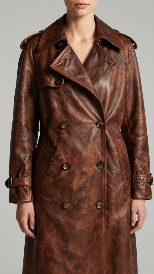 Women's Espresso Brown Distressed Leather Trench Coat