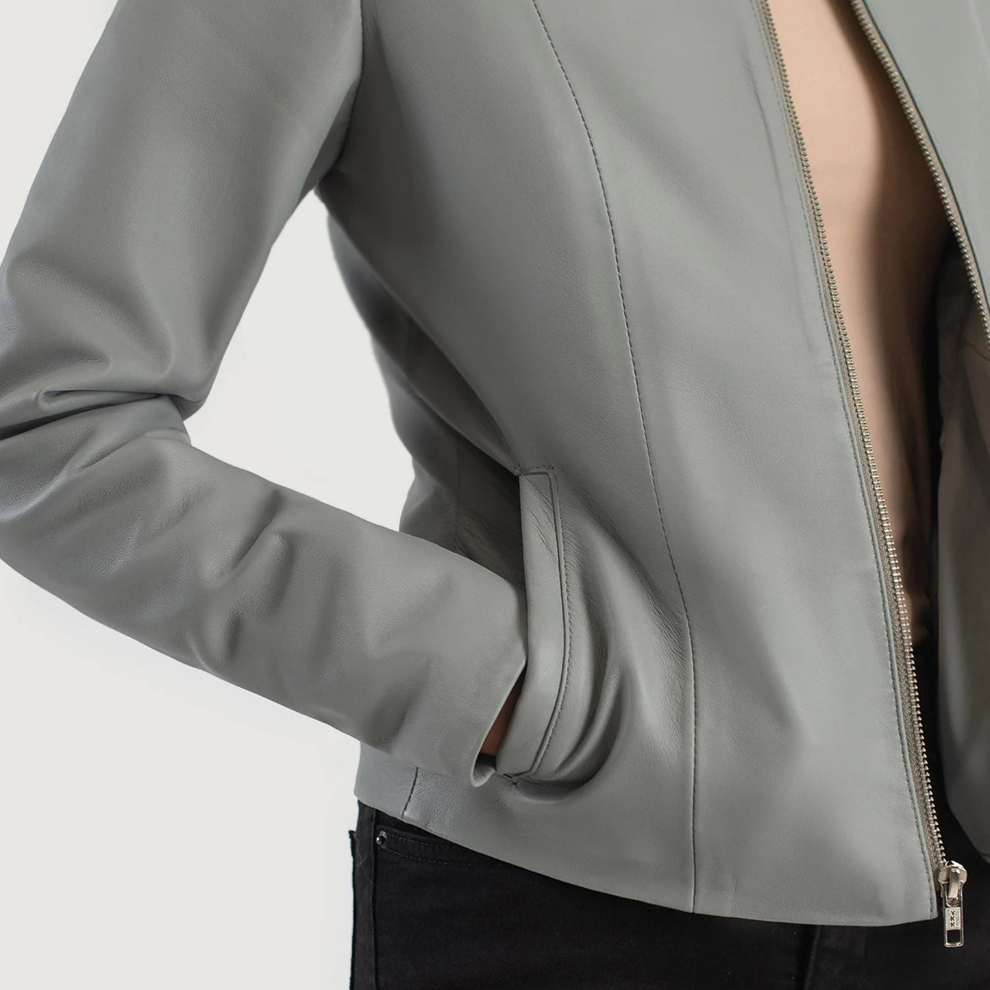 Men’s Grey Collarless Genuine Elixir Leather Jacket Sleek Minimalist