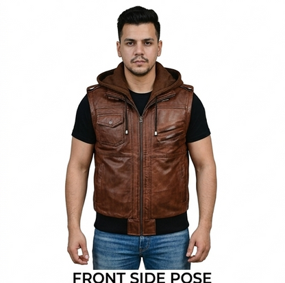 Men's 3 in 1 Hooded Leather Bomber Jacket