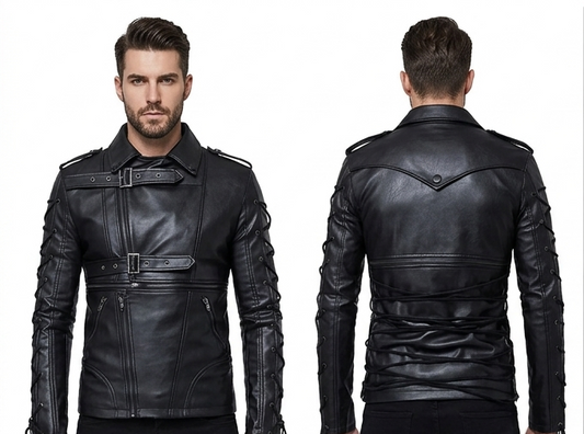 Men's Gothic Punk Sheepskin Leather Biker Jacket Lace Up Rock Style