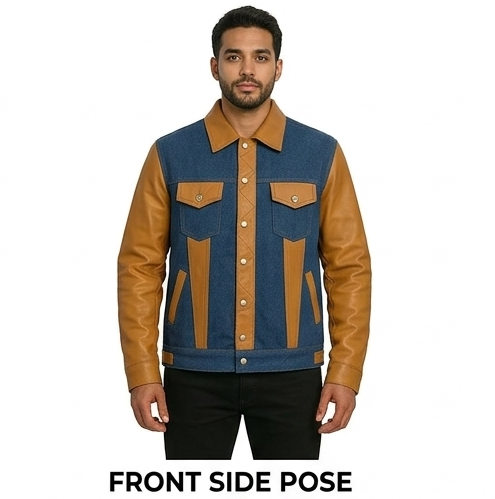 Men's Denim & Leather Trucker Jacket Hybrid Blue & Tan Biker Style