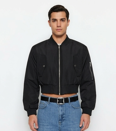 Women’s Oversized Cropped Bomber Jacket  Trendy Black Winter Style