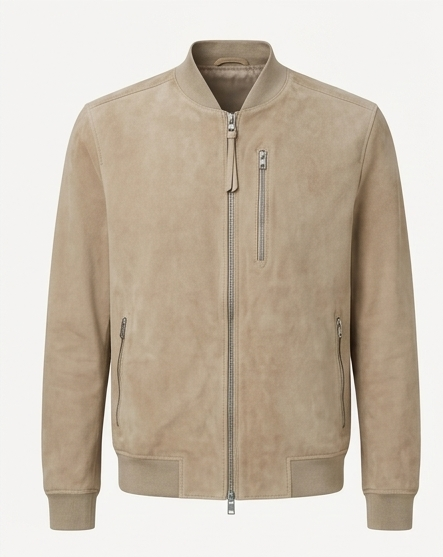 Men’s Premium Suede Bomber Jacket Luxury Goat Suede Leather in Dune Brown