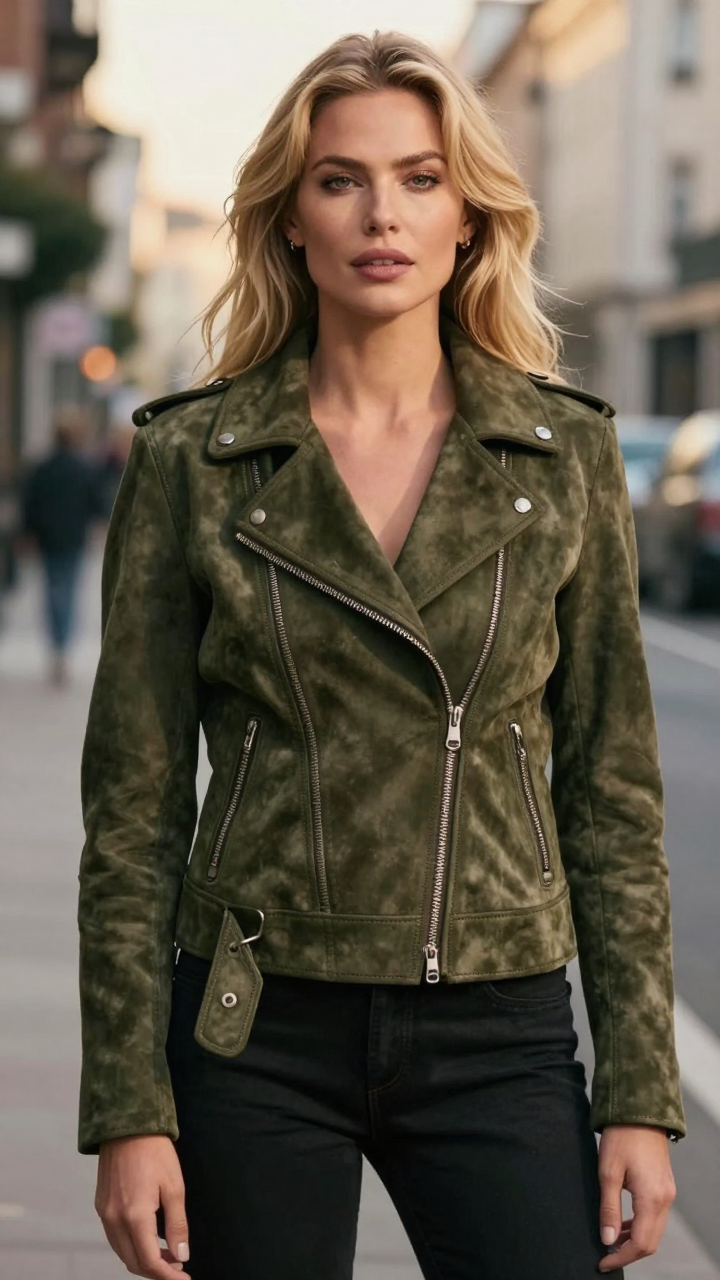 Women’s Horizon Olive Asymmetric Suede Biker