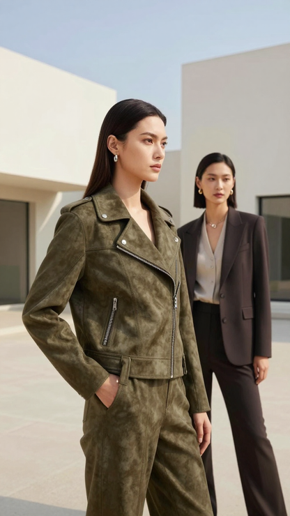 Women’s Horizon Olive Asymmetric Suede Biker