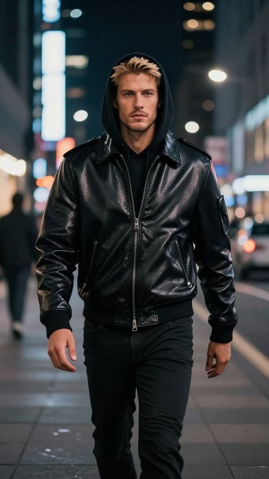 Men’s Hooded Leather Bomber Jacket Perforated Lambskin Fit