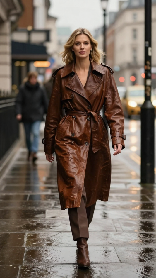 Women's Espresso Brown Distressed Leather Trench Coat
