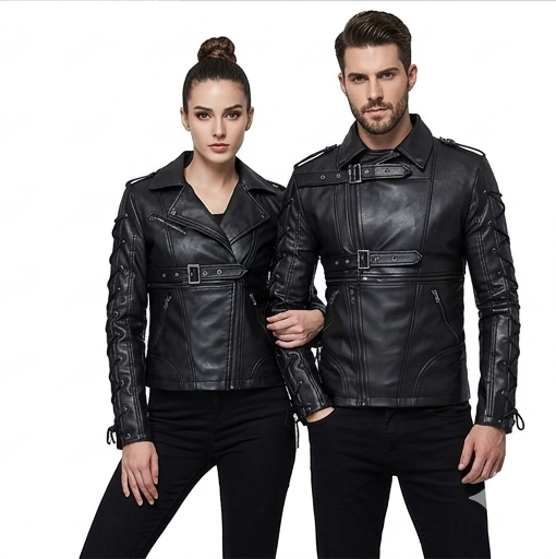 Men's Gothic Punk Sheepskin Leather Biker Jacket Lace Up Rock Style