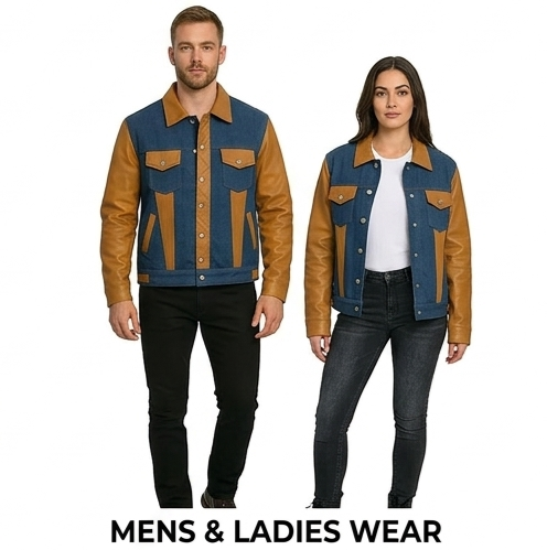 Men's Denim & Leather Trucker Jacket Hybrid Blue & Tan Biker Style
