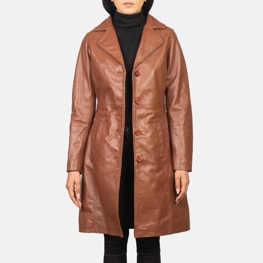 Brown Single Breasted Leather Coat Alexis Jacket for Women