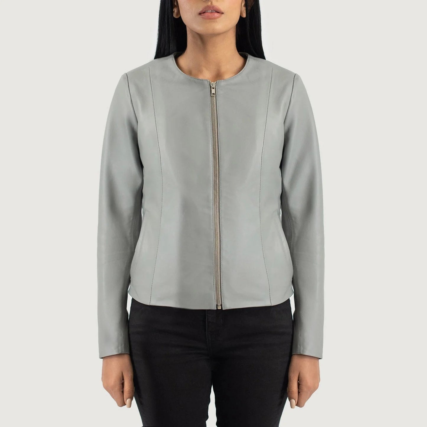Men’s Grey Collarless Genuine Elixir Leather Jacket Sleek Minimalist