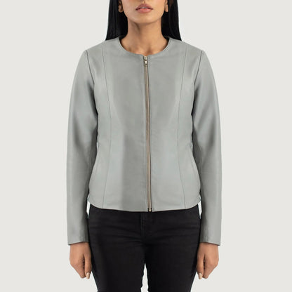 Men’s Grey Collarless Genuine Elixir Leather Jacket Sleek Minimalist