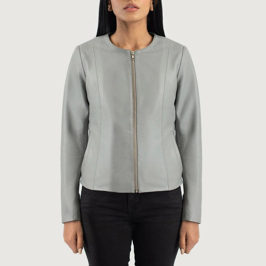 Men’s Grey Collarless Genuine Elixir Leather Jacket Sleek Minimalist