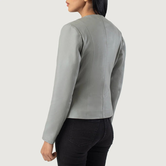 Men’s Grey Collarless Genuine Elixir Leather Jacket Sleek Minimalist