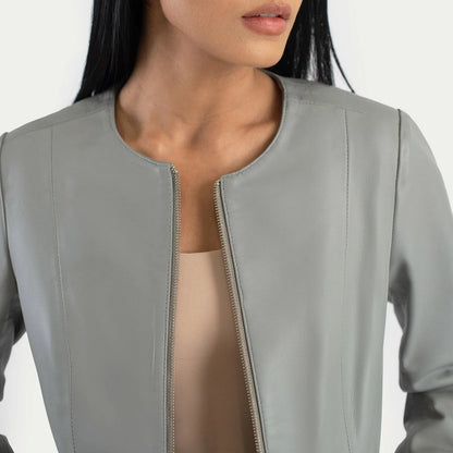 Men’s Grey Collarless Genuine Elixir Leather Jacket Sleek Minimalist