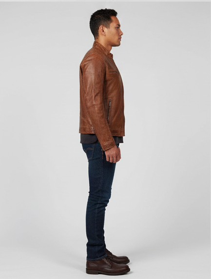 Men’s Fashion Waxed Sheepskin Leather Jacket Elegant Brown Design