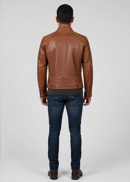 Men’s Fashion Waxed Sheepskin Leather Jacket Elegant Brown Design