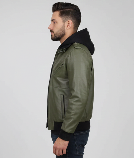 Men’s Military-Style Army Green Bomber Leather Jacket