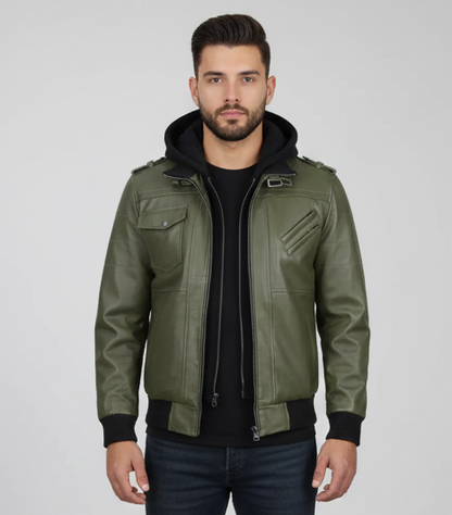 Men’s Military-Style Army Green Bomber Leather Jacket