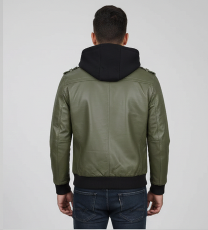 Men’s Military-Style Army Green Bomber Leather Jacket