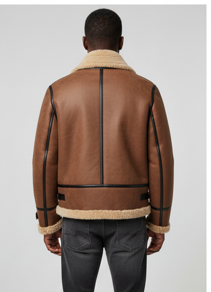 Brown Shearling Leather Bomber Jacket for Men | Warm & Stylish