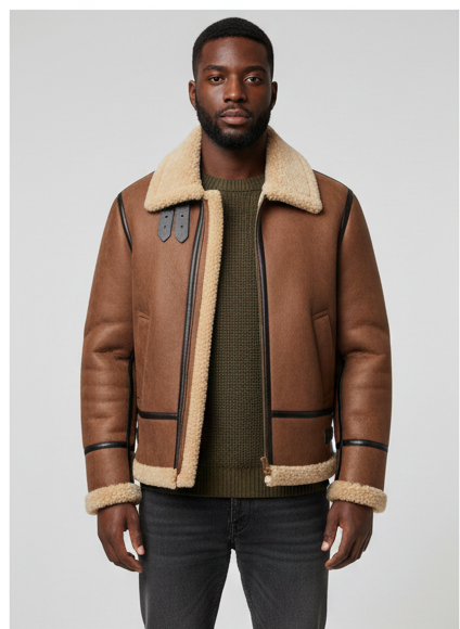 Brown Shearling Leather Bomber Jacket for Men | Warm & Stylish