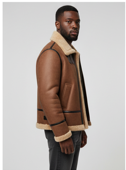 Brown Shearling Leather Bomber Jacket for Men | Warm & Stylish