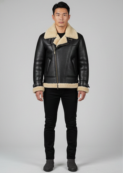 Men’s Classic Black Aviator Shearling Leather Bomber Jacket