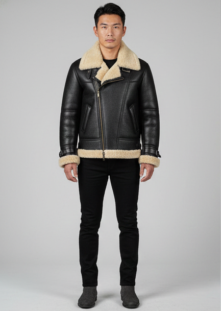 Men’s Classic Black Aviator Shearling Leather Bomber Jacket