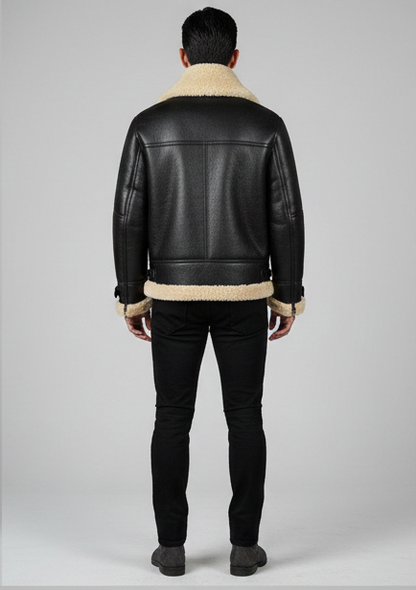 Men’s Classic Black Aviator Shearling Leather Bomber Jacket