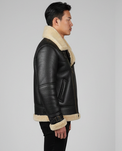 Men’s Classic Black Aviator Shearling Leather Bomber Jacket