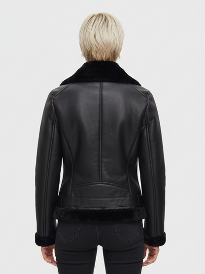 Black Asymmetrical Shearling Leather Jacket for Women | Winter Essential