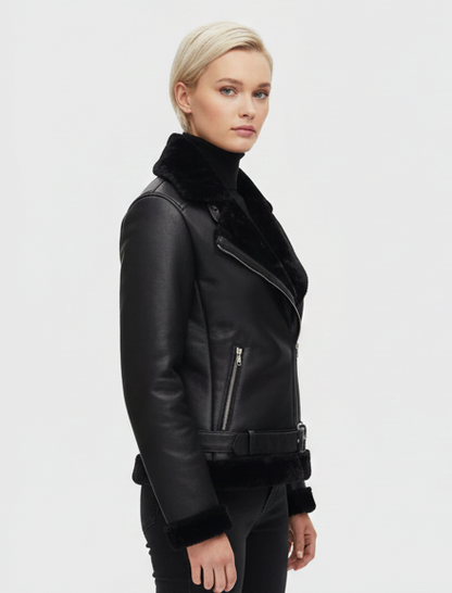 Black Asymmetrical Shearling Leather Jacket for Women | Winter Essential