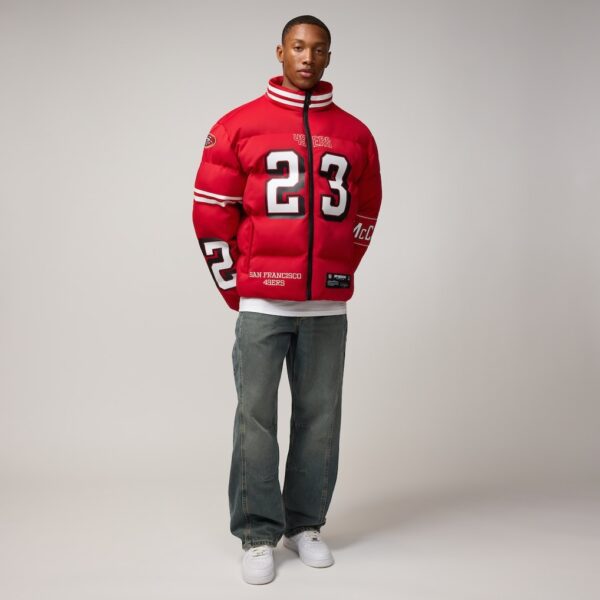 Unisex Christian McCaffrey Scarlet San Francisco 49ers off Pro Standard Puffer Jacket - Image 3