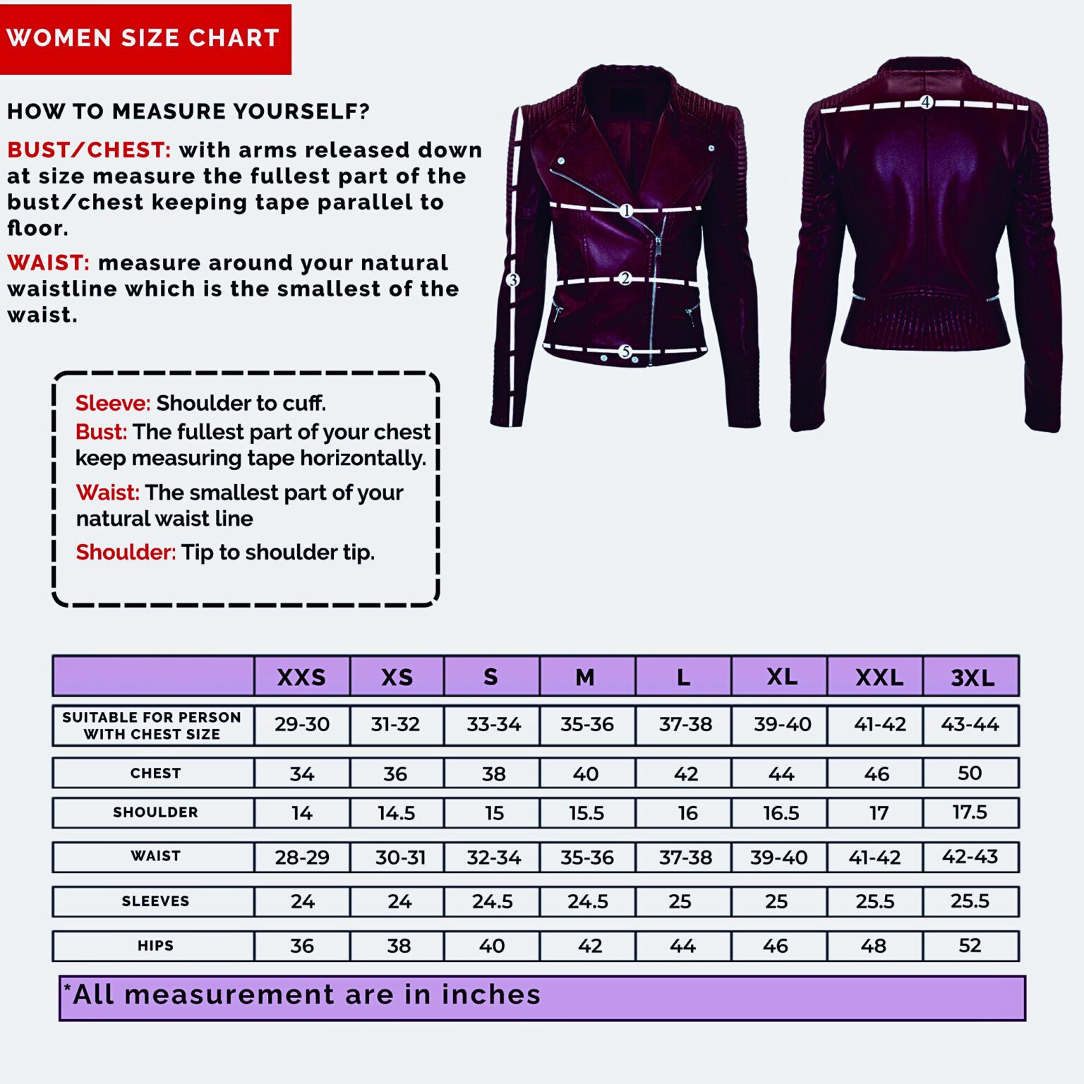 woman size chart liam jacket